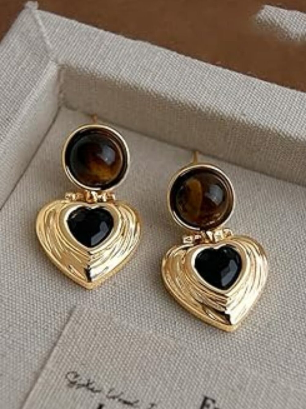 Vintage Heart Dangle Earrings for Women Gold Tone Tiger Eye New
